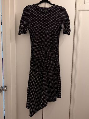 Topshop Black White Polka Dot Ruched Asymmetrical Handkerchief Dress US 4 UK 8